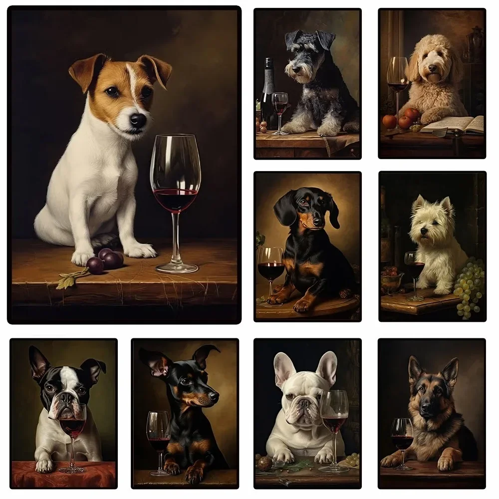 Affiches classiques de portraits de chiens, Teckel, Bouledogue français, Schnauzer, dégustation de vin, peinture sur toile murale, décoration de la maison