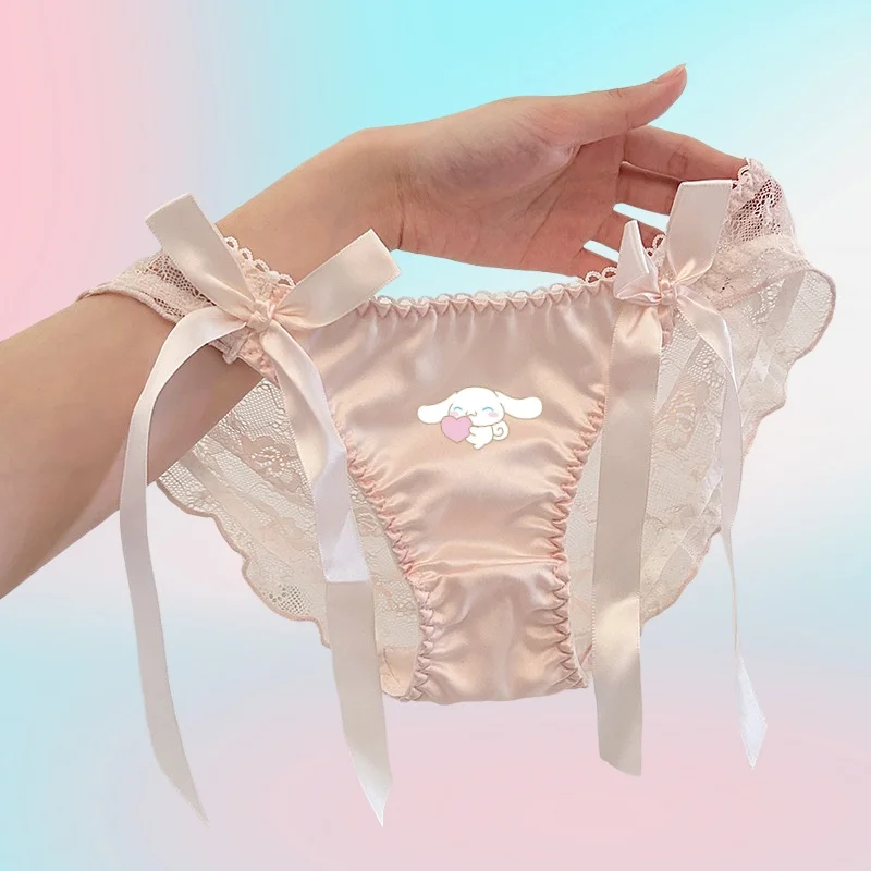 

Cartoon Anime Cinnamoroll Cute Kawaii Women Panties Pink Ribbon Bow Underwear Sleek Satin Briefs Sexy Black Lace Female Lingerie