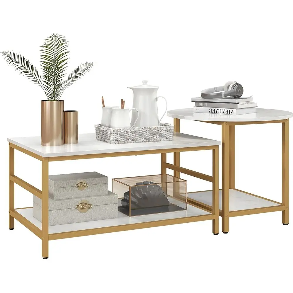 

Round Coffee Table Set of 2 with Storage Shelves, Faux Marble Top and Steel Legs, Suitable for Sofa Side or Living Room, White