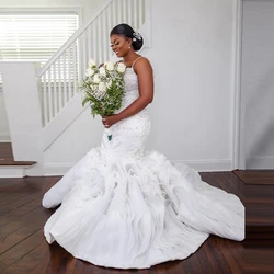 Aso Ebi Luxury Beading Crystals Mermaid Wedding Dresses Pretty Spaghetti Strap Appliques Ruffles Africa Bridal Gowns Plus Size