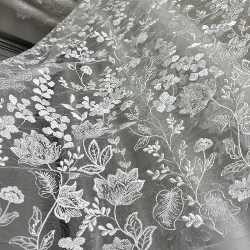 Premium Elegant Floral Leaf Embroidered Lace Fabric Wedding Dress Bridal Gown Evening Wear Formal Outfits Bridal Crafts Sheer