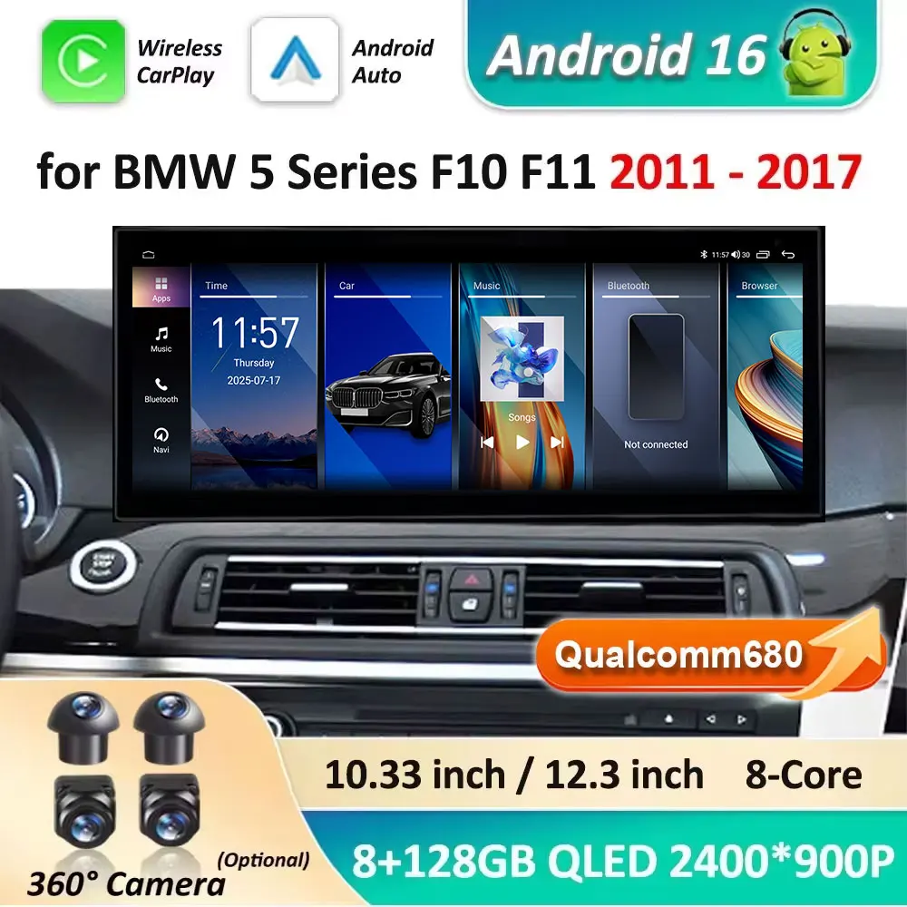 GPS-Navigation für BMW 5er F10 F11 2011–2017 ClC/NBT System Autoradio Multimedia Player Android 16 QLED Touchscreen 4G