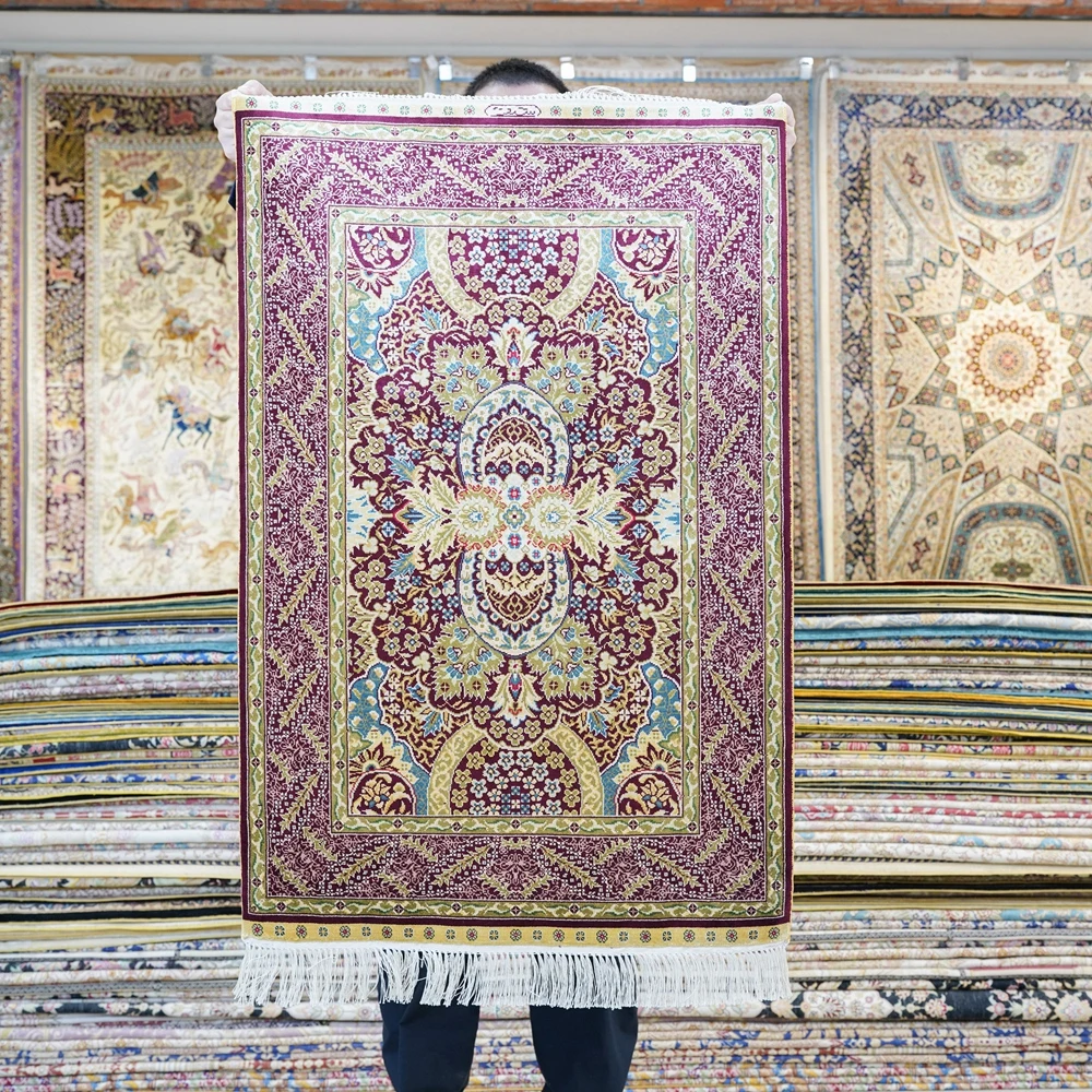 

60x90cm Silk Rug Durability Persian Kashan Carpet Small Hand Woven Oriental Rugs Elegant Floral Carpets for Bedroom Bathroom