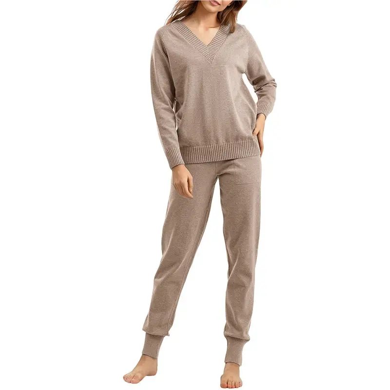 CYL-Women's V الرقبة 2 قطعة سترة مجموعة البلوز عارضة عالية الخصر متماسكة مجموعة Sweatsuits #1