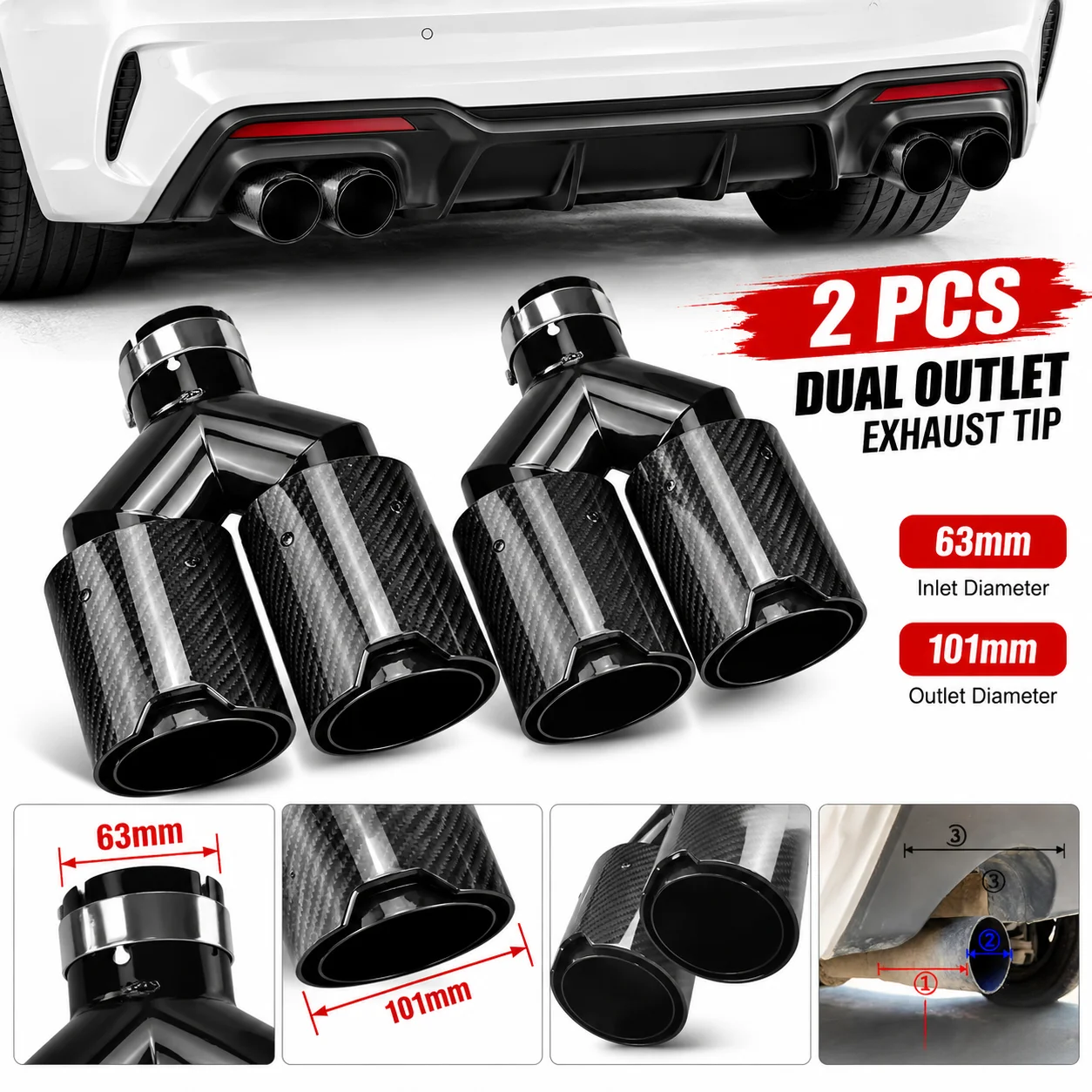 Exhaust Tips Dual Outlet Carbon Fiber 63Mm - 2 Stück Doppelauslass-Auspuffendrohr aus Kohlefaser, 63