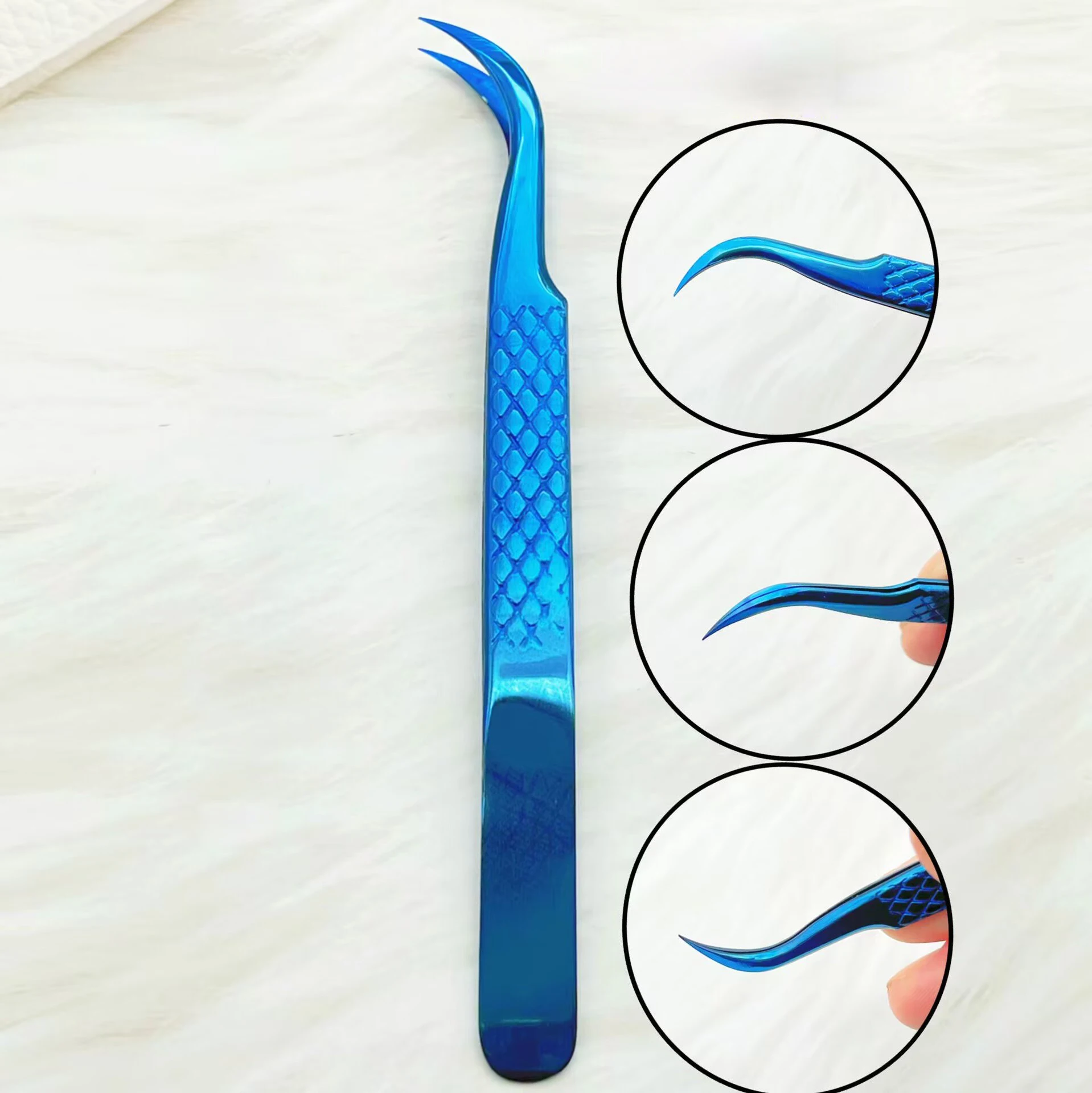 1PC Eyelash Extension Tweezers With Fiber Tips Mirror Blue Stainless Steel High Precision Tweezer for Volume Fans Makeup Tools