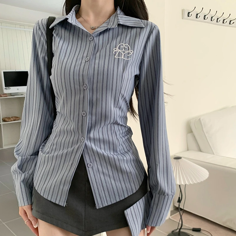 Striped Shirts Women Long Sleeve Slim Fit Single Breasted Japanese Style Students Fashion All-match OL Elegant Designed Tops