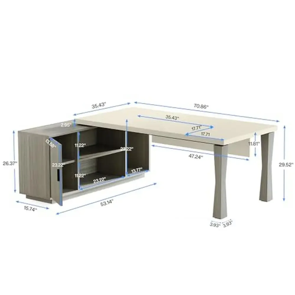 71-Inch L-Shaped Executive Desk with Storage Cabinet and Shelves Large Office Desk Multiple Monitors and Laptops Business