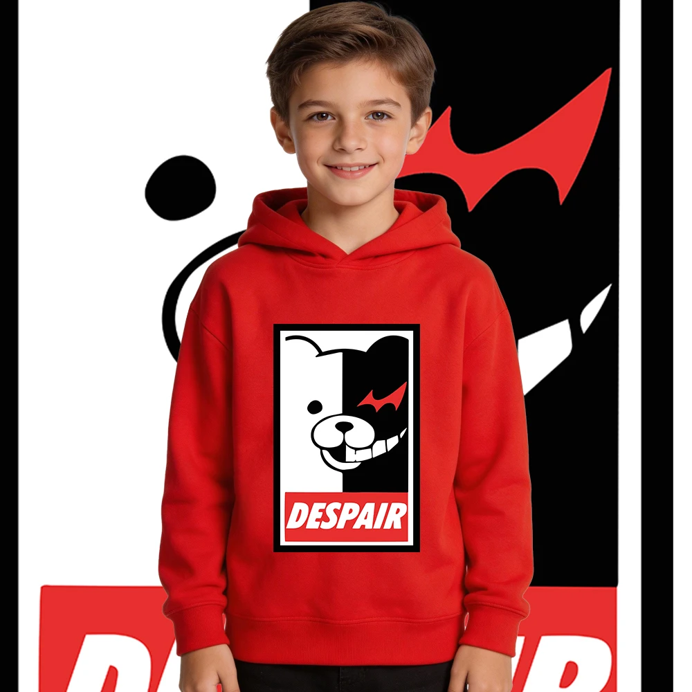 Danganronpa Monokuma Despair Print – sweat à capuche doublé polaire pour enfants, garçons et filles, pull décontracté chaud et épais pour l'automne et l'hiver