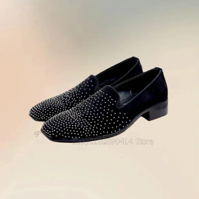 

Rhinestone Decor Black Flock Square Toe Loafers Fashion Slip On Men Shoes Luxury Handmade Party Feast Banquet Men Casual Shoes