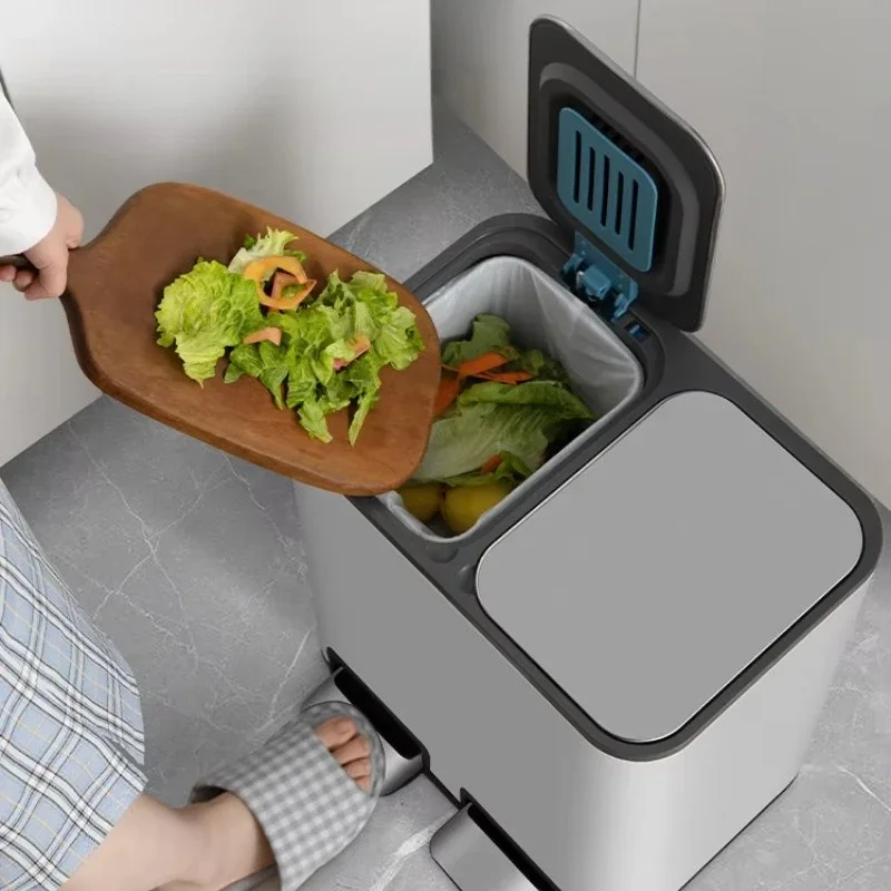Double-Bucket Pedal Trash Bin, Kitchen Sorting Trash Can, Stainless Steel Wet-Dry Separation Bin, Household Waste Organizer,