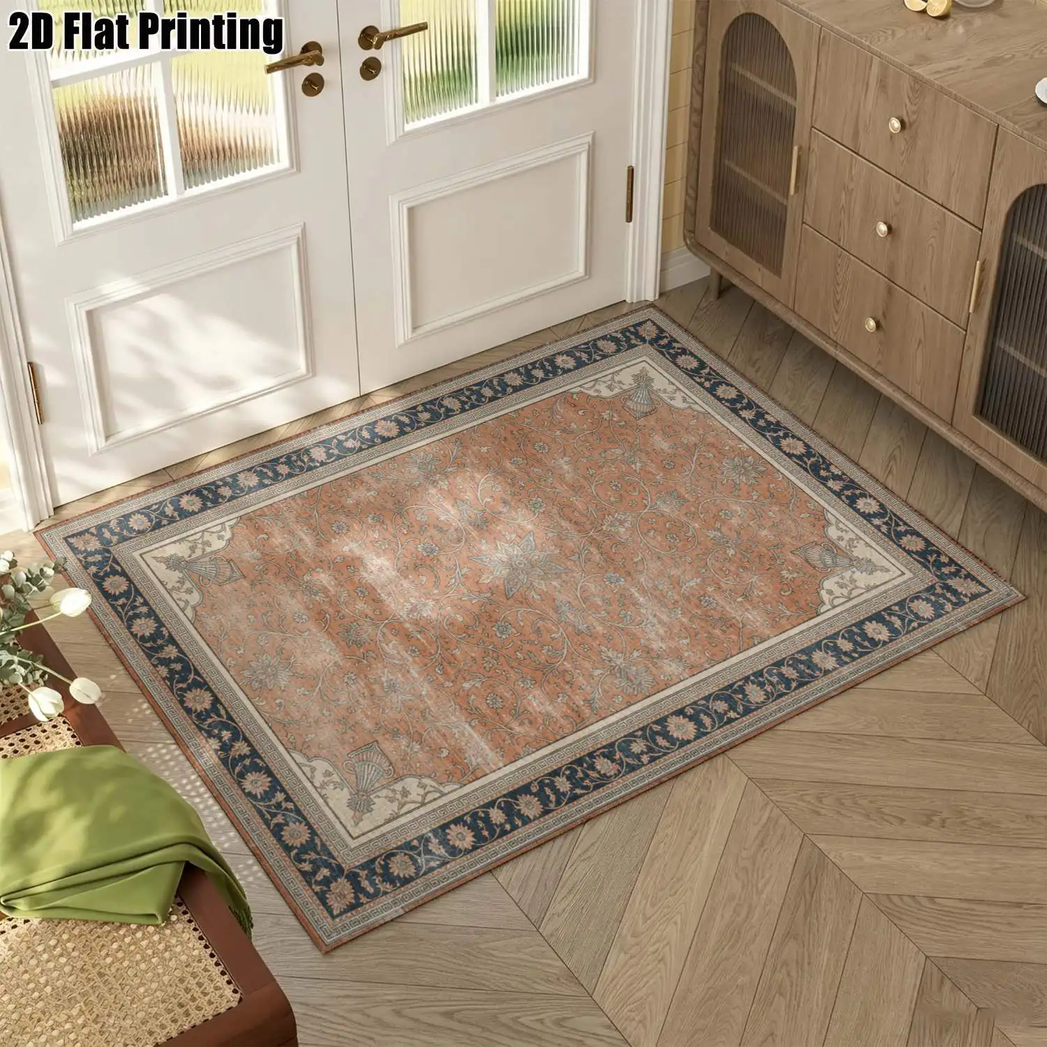 1Pc 2D Printed Gray Retro Geometric Pattern Carpet: Vintage/European Style, Machine Washable, Multi-Size, for Home Decor, Entrance/Dining/Foyer/Study/Living Room/Bedroom