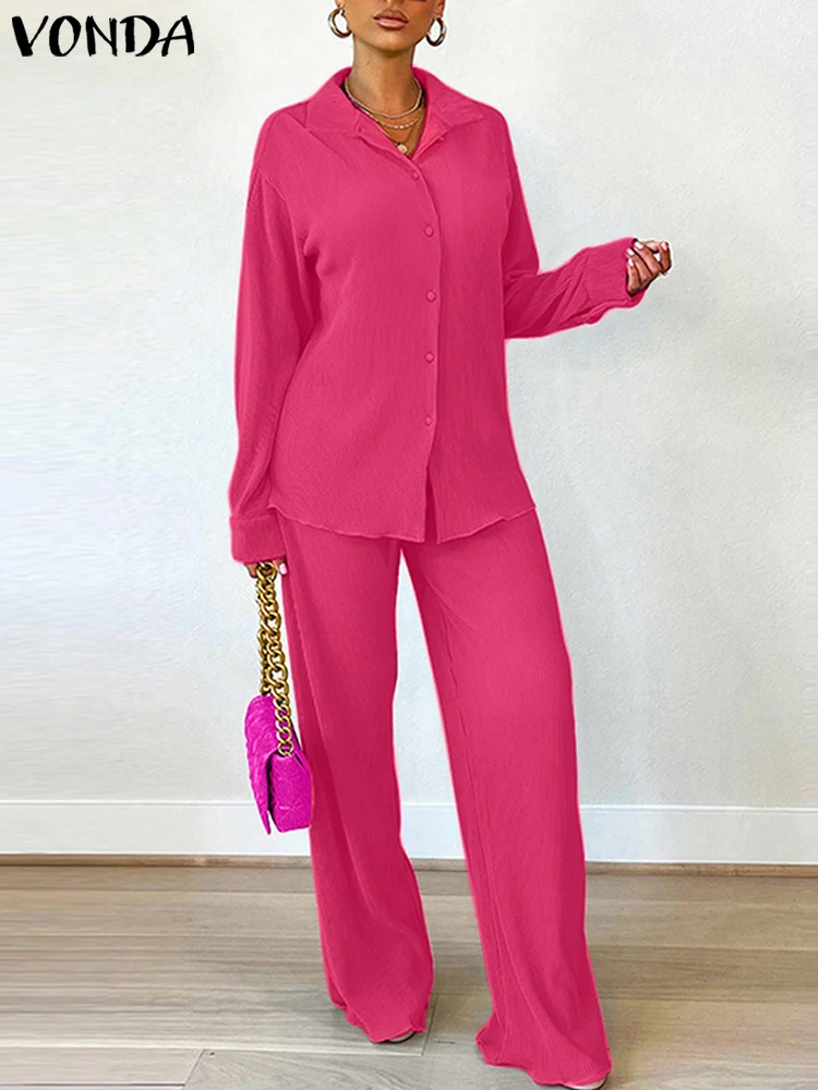 فوندا 2025 النمط الأوروبي النساء مجموعات بلون التلبيب قميص فضفاض قطعتين الدعاوى بلوزات أنيقة و بنطال ذو قصة أرجل واسعة مطابقة مجموعات