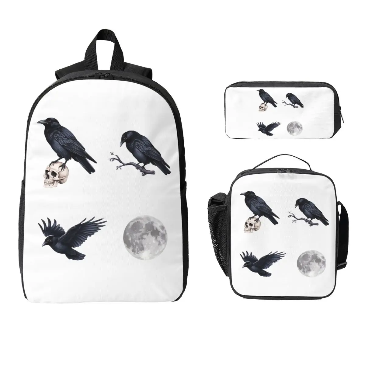 Trendy Black Raven Crow ,skull And Moon Pack Backpack BookBag School Bag Shoulder Bags 3ps Insulated Lunch Bag Pencil Case
