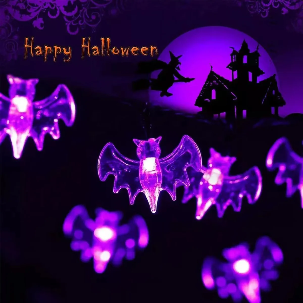 Solar Bat Light String Halloween Party Courtyard Decoration Scene Arrangement Purple Bat LED Light Atmosphere Full