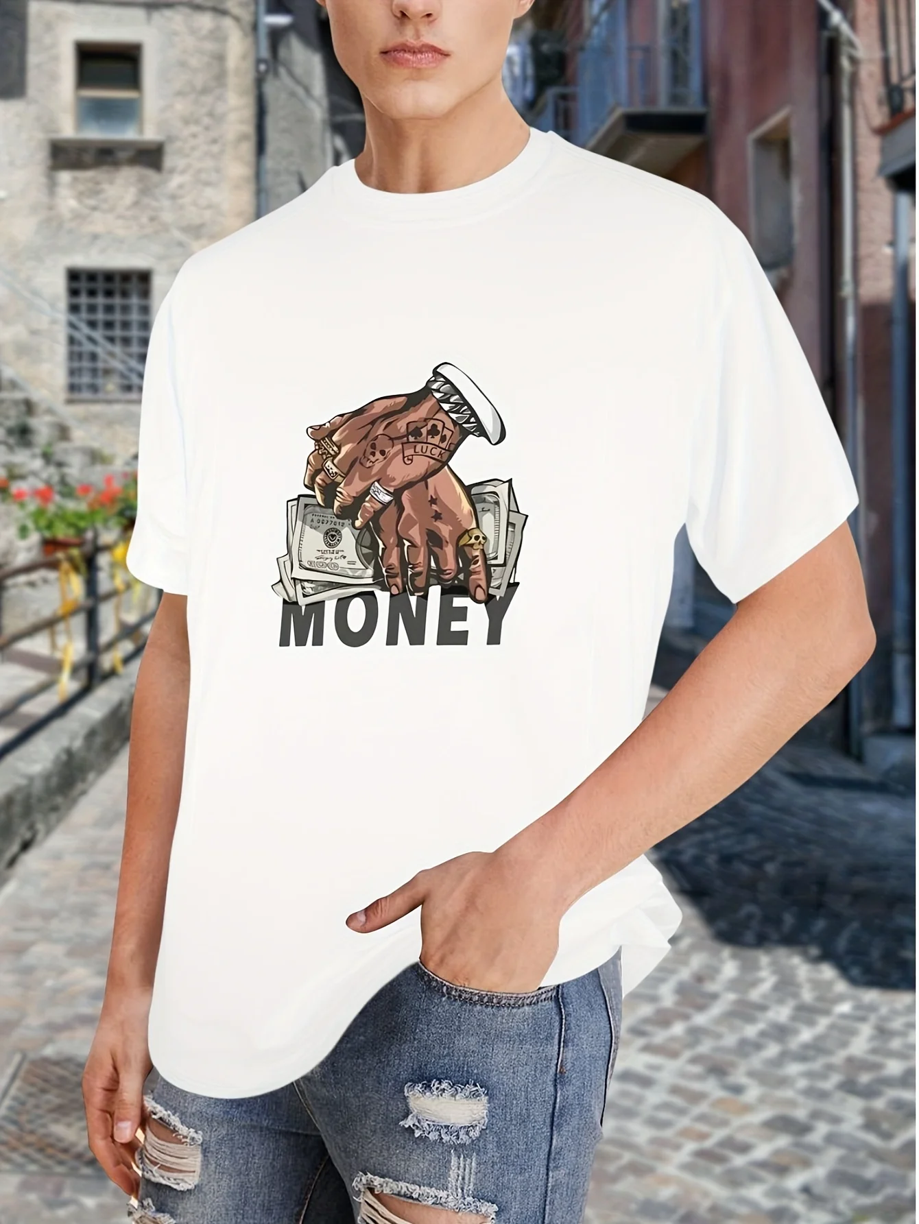 ملابس الشارع غير الرسمية المطبوعة بكلمات "المال" بأكمام قصيرة ورقبة دائرية قابلة للتنفس وقماش مريح مثالي