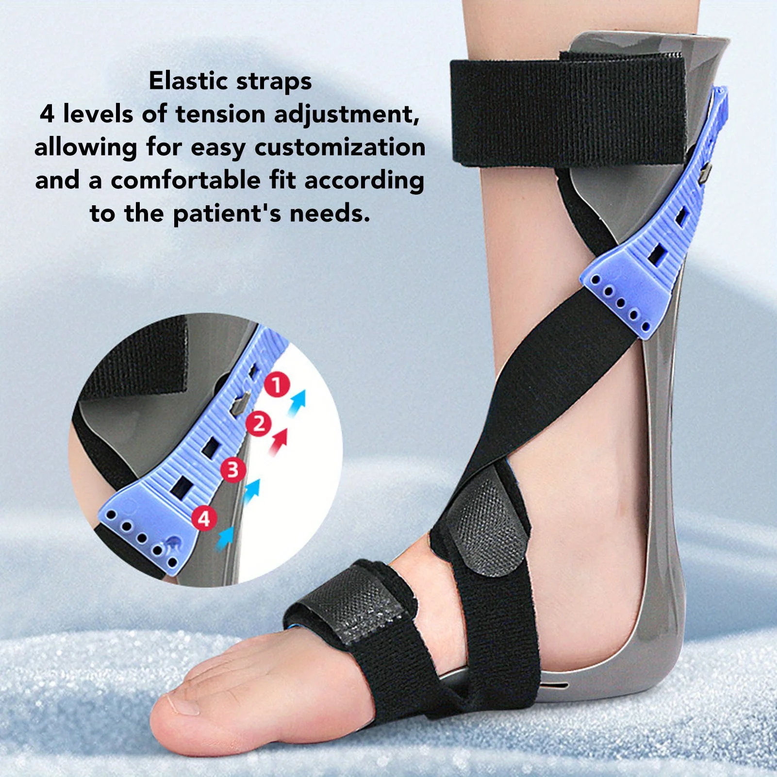 Ankle Brace Support - 足下垂矯正用具。姿勢を正し、足首をサポート。安定性のある伸縮性ストラップ。ポリプロピレンとナイロン製。睡眠時や屋外での使用に適しています。