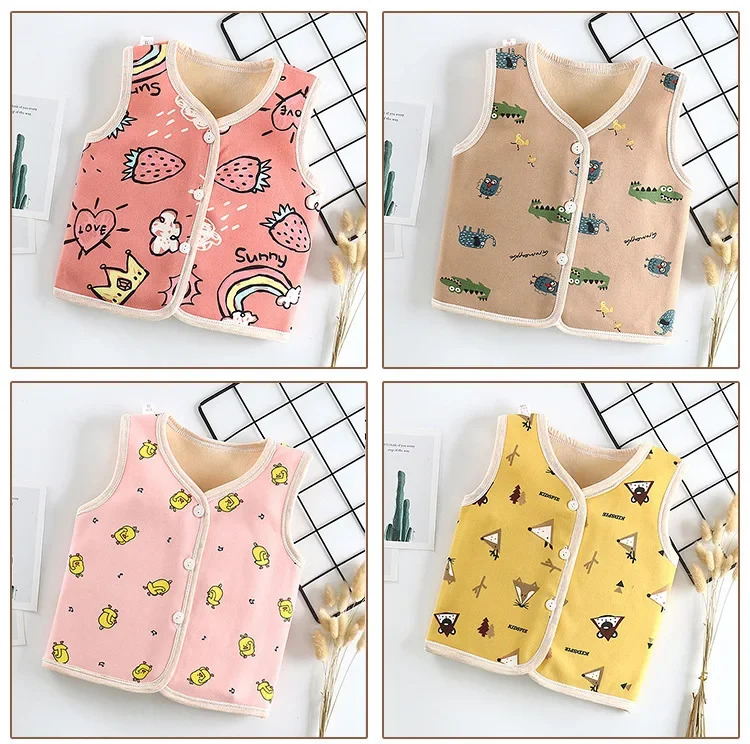 Autumn Winter New Double-sided Baby Kids Vests Plush Thickened Children Boys Outerwear Vest Cartoon Cute Girls Infant Waistcoats