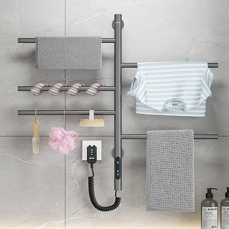 Rotatable Electric Bathroom Bath Towel Warmer Heating Dryer Shelf Rack Built-in Timer Temperature Control Wall Mounted Rail