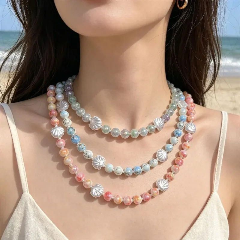 Handmade Shell Beaded Necklace Imitation Pearl Pendant Coated Flower Beads Women's Jewelry Ocean Style Fashion Accessory