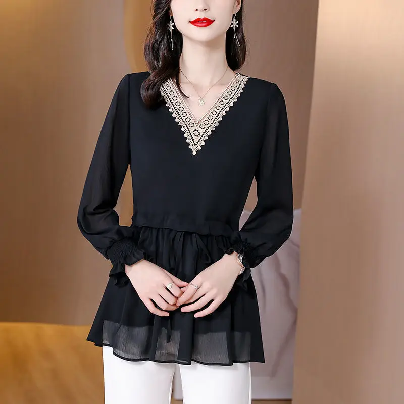 V-Neck Fashion Elegant Solid Color Chiffon Shirt Women\'s Clothing Pullovers Loose Casual Female Spliced Lace Up All-match Blouse