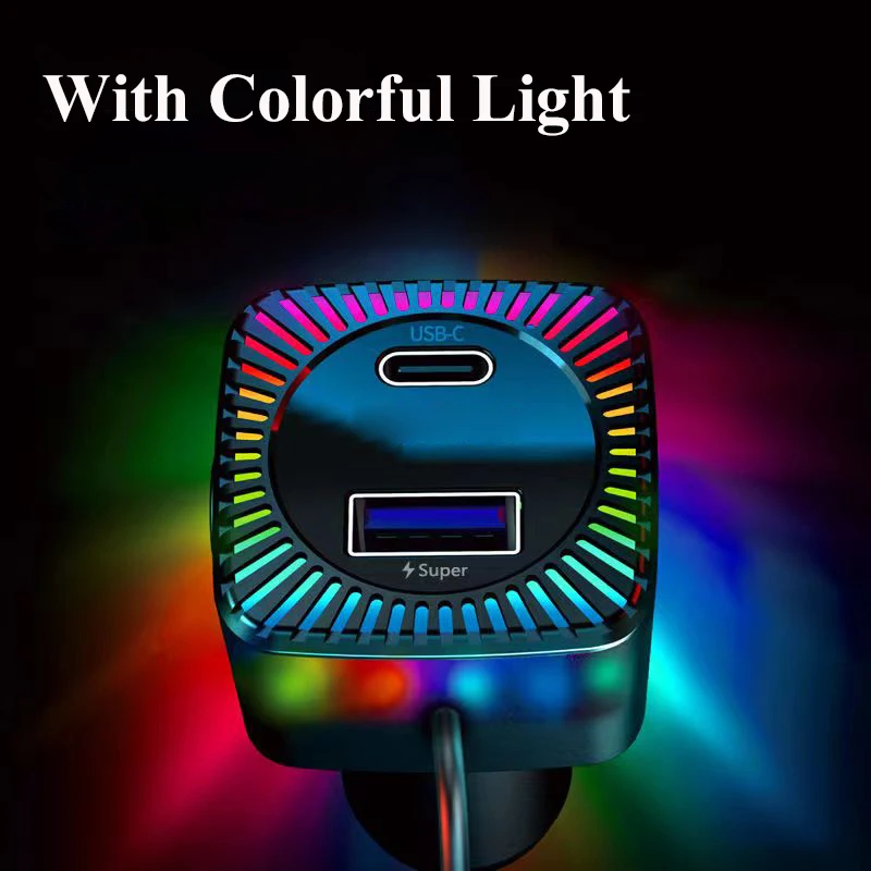 280W USB C Car Charger Adapter with Spring Cable Colorful Light PD 30W  3 in 1 Super Fast Charging for Macbook Samsung iPhone
