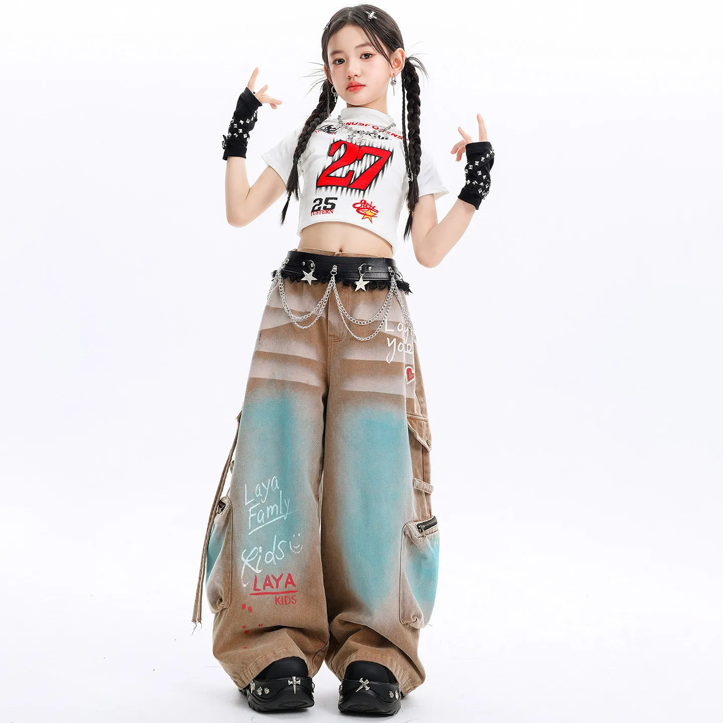 Kid's Kpop Hip Hop White Mock Neck Crop T-Shirt with Wide Strap Cargo Pants Set Coffee Blue Street Dance Costume for Girls