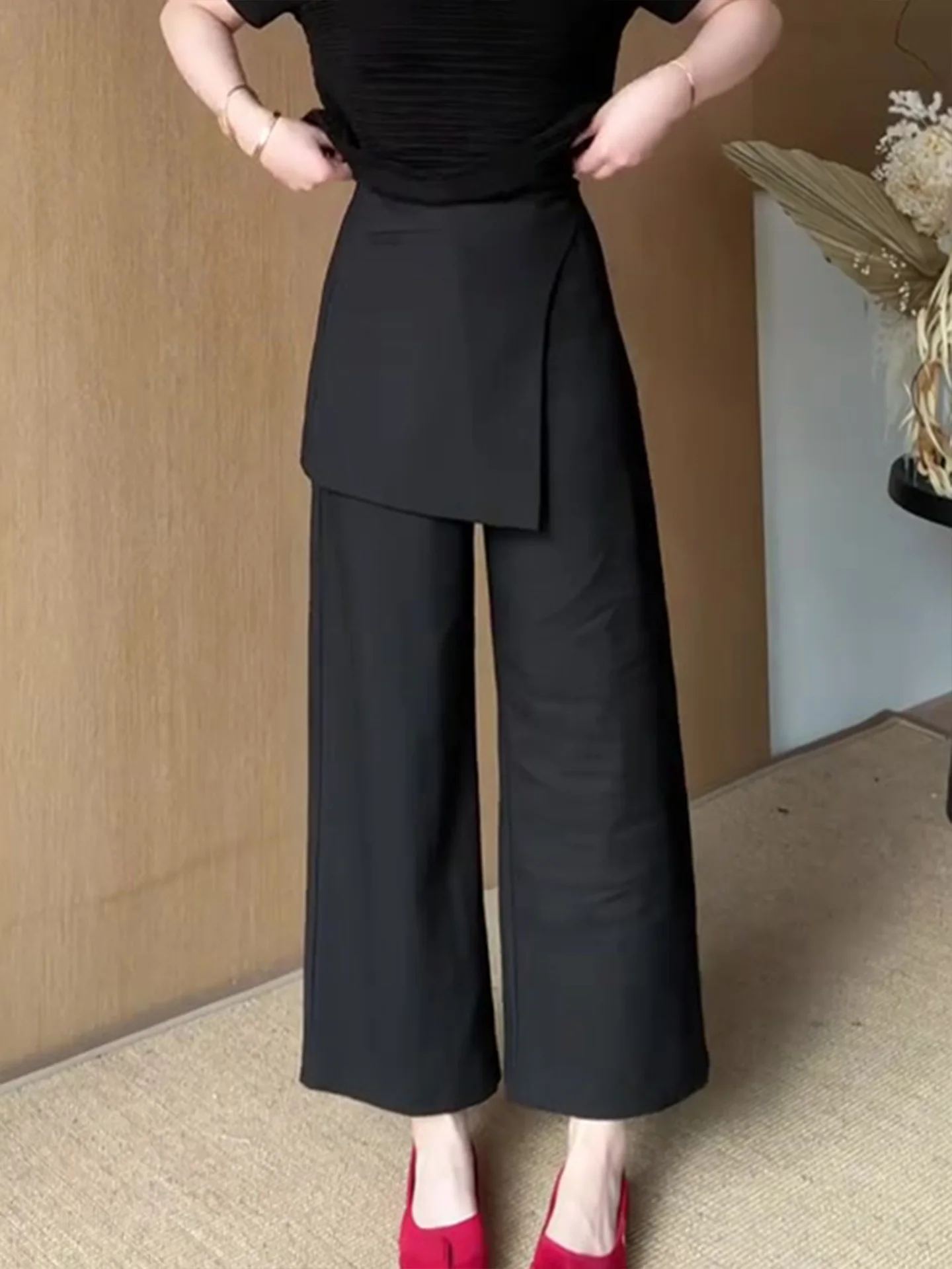 Trendy High Waist Loose Fit Casual Black Pants Korean Style Commute Friendly Wide Leg Trousers for plus Size Women