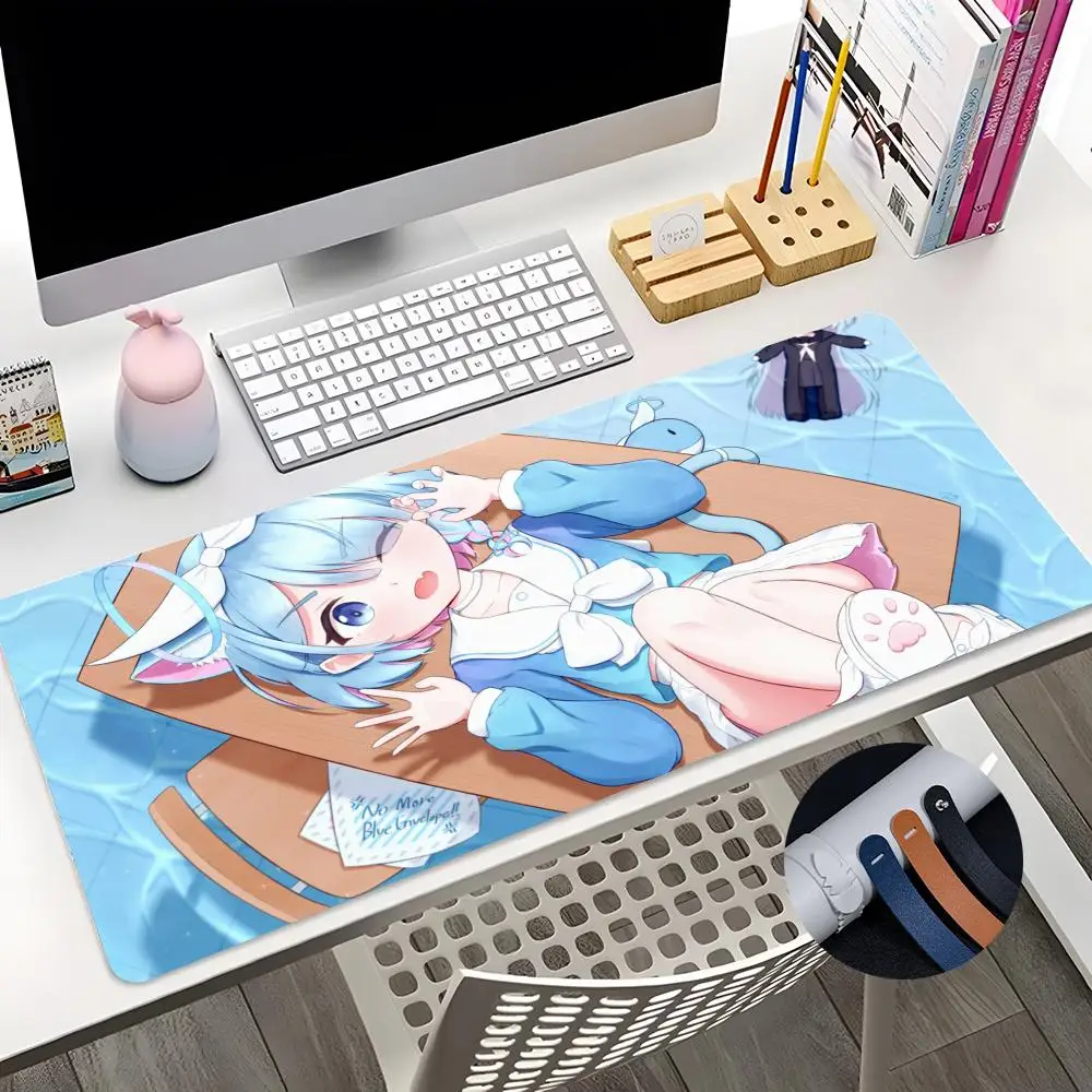 Anime Azul Arquivo Mouse Pad, Menina bonito, Tamanho grande, Office Desk Protector Mat, Couro PU impermeável, Desktop Gamer, 600x300