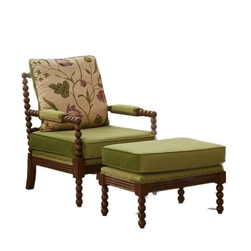 

Pearl chair American retro, solid wood fabric single sofa chair, French medieval style, living room balcony, leisure chair