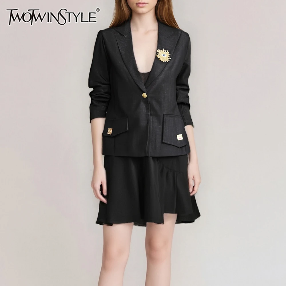 

TWOTWINSTYLE однотонные утягивающие темпераментные куртки на пуговицах для женщин с лацканами и длинными рукавами, лоскутная куртка с блестками, женская новинка