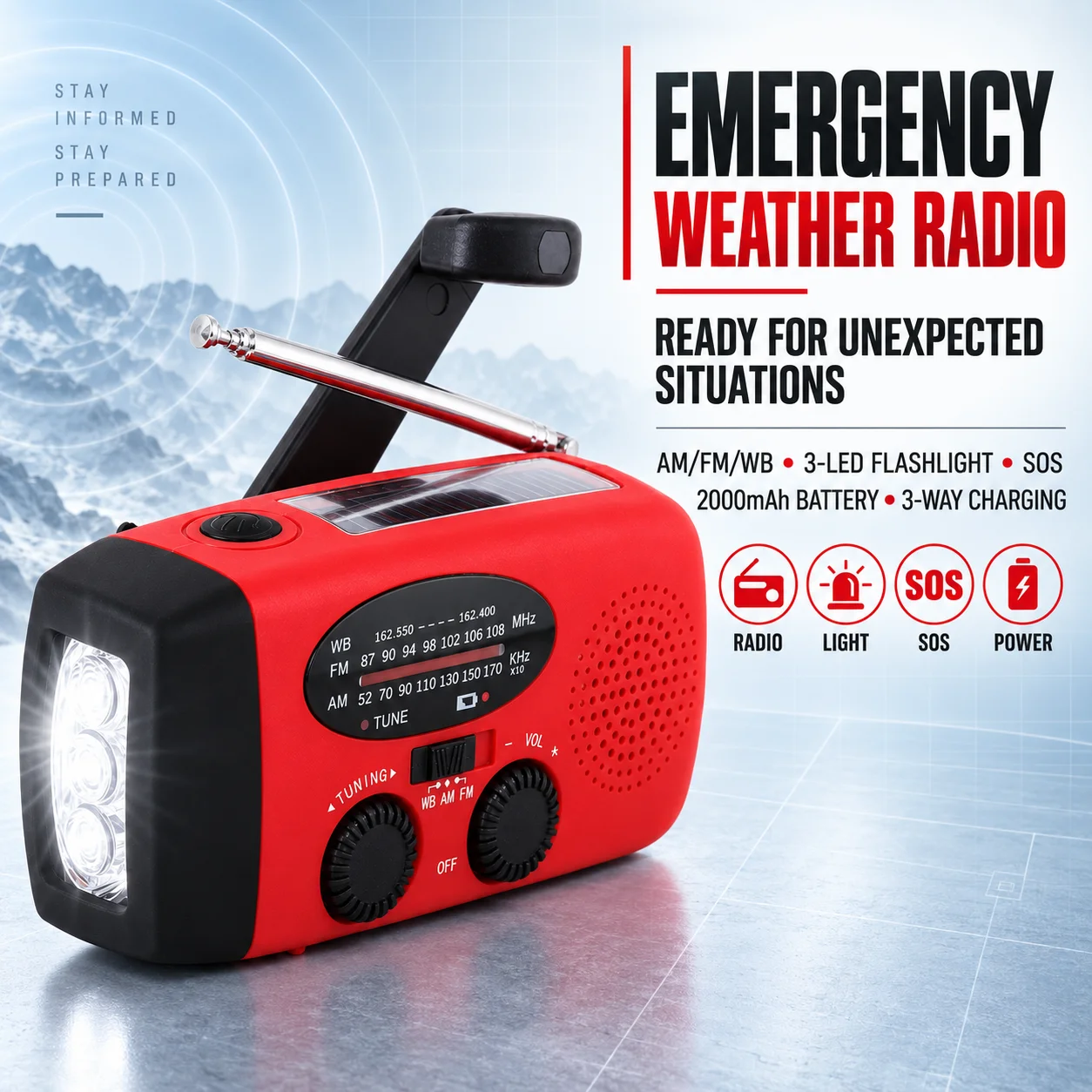 Emergency Weather Radio AM FM WB 2000mAh Hand Crank Solar USB Rechargeable LED Torch SOS Siren for Camping Powercuts Travel