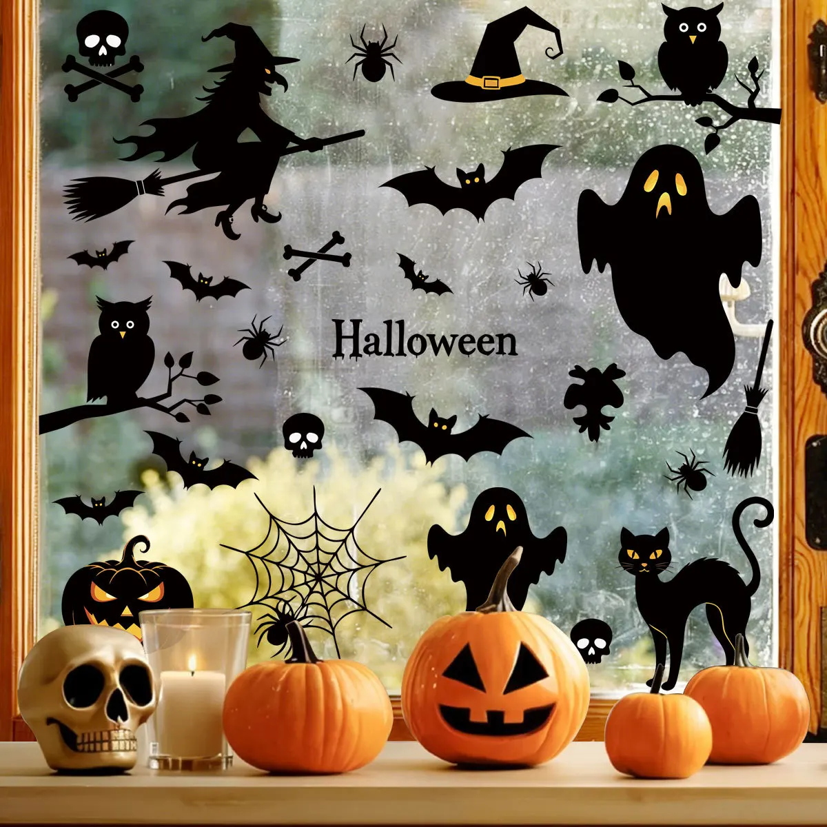 Halloween Window Clings Wall Stickers 6 Sheets 45Pcs Double Sided Static Cling Decals Witch Ghost Bat Pumpkin Cat for Glass