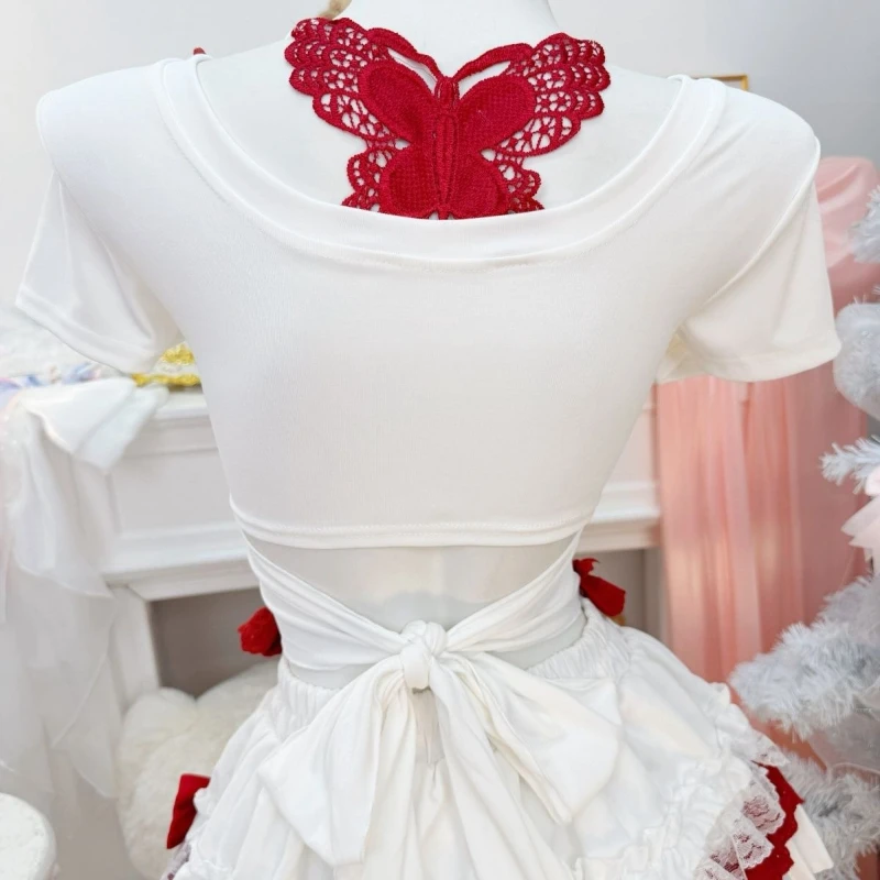 New Coquette Sweet Lolita Short Sleeve Dress Women Lace Trim Heart Strawberry Bow Ruched Waist Slim Fit Mini Dress Elegant Party view 4
