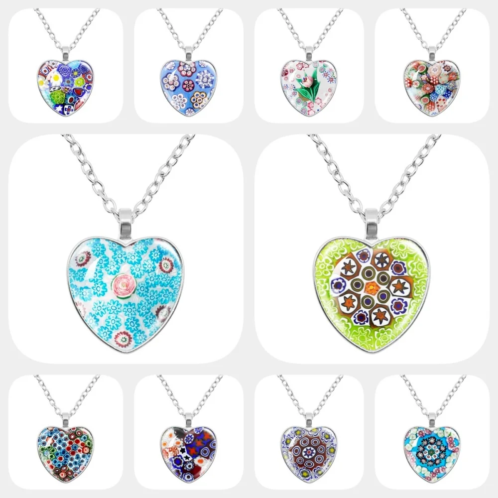 New Murano Millefiori Heart Pendant Necklace MultiColour Flower Glass Cabochon Necklace Jewelry For Women Men Gift Wholesale