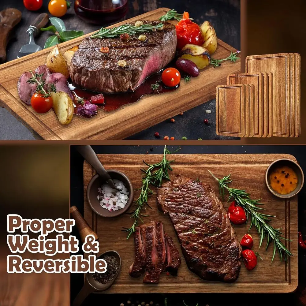 ألواح تقطيع المطبخ من خشب السنط - 3 مقاسات مع أخاديد العصير ومقابض للحوم والخضروات والهدايا