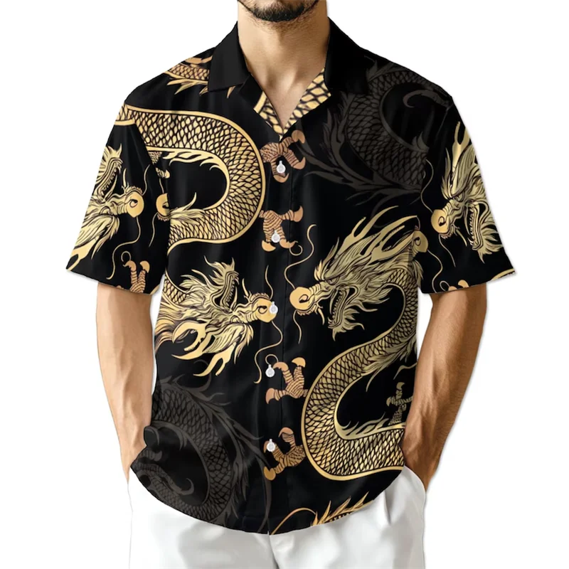 Dragon Print Aloha Shirt Men Women Bold Golden Dragon Graphic Lightweight Casual Tee For Men And Street Style Cheap Clothes