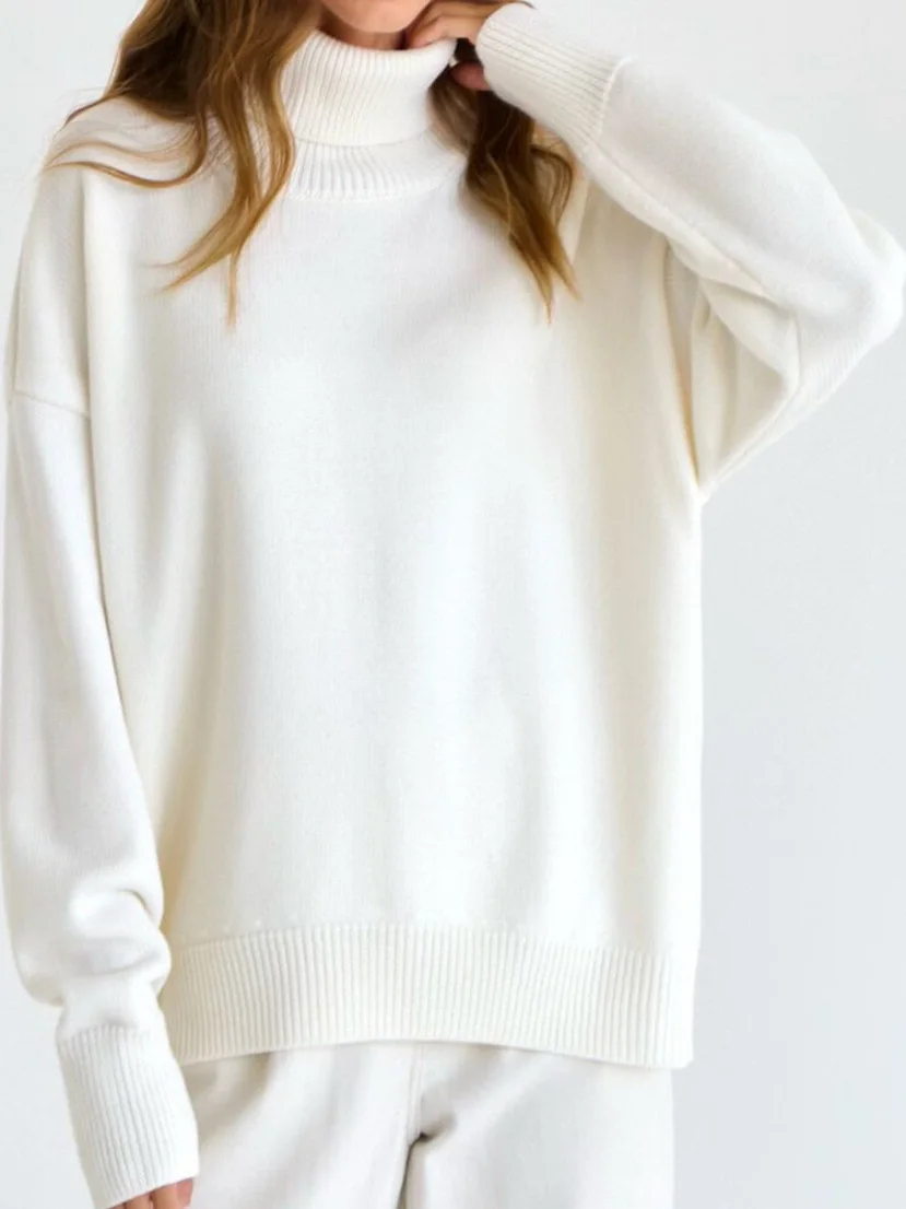 เสื้อสเวตเตอร์ถักไหมพรมสีพื้นทรงหลวม แขนยาว ผ้าโพลีเอสเตอร์ ความยาวปกติ สไตล์สตรีท