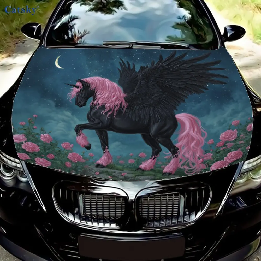 

Dreamy Pink - Black Colorful Pegasus Car Hood Sticker, Romantic Fairy - Tale - Style Body Decoration Decal, waterproof self-adhe