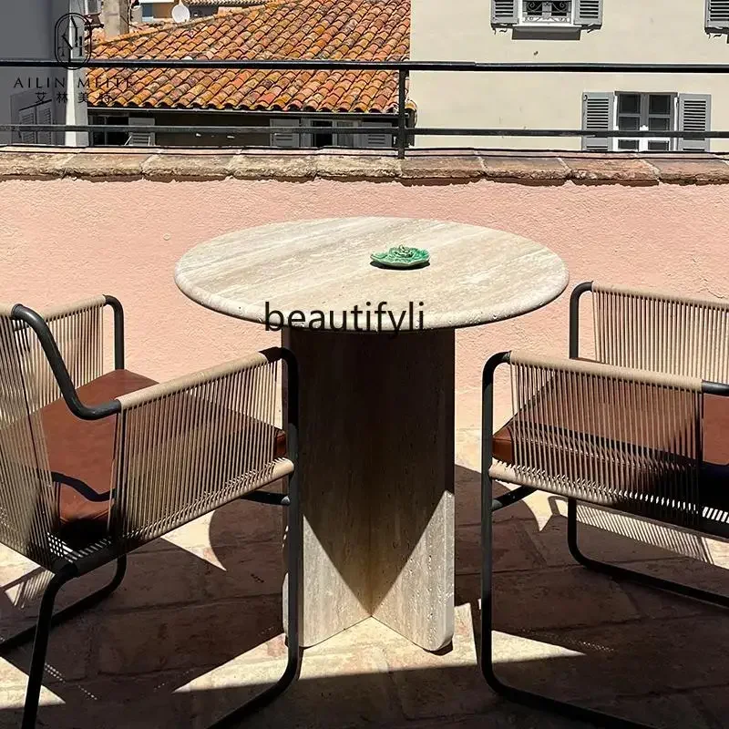 

Light luxury designer natural travertine round dining table Nordic minimalist high-end small round table a16