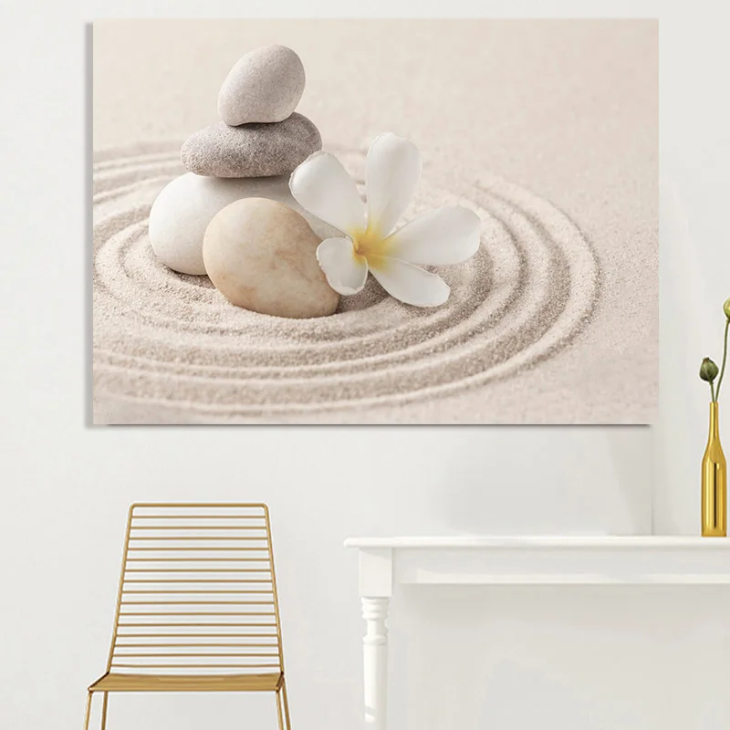 Flowers and grass in the sand Zen stone canvas painting, white flowers and grass Zen poster wall art painting, home decoration