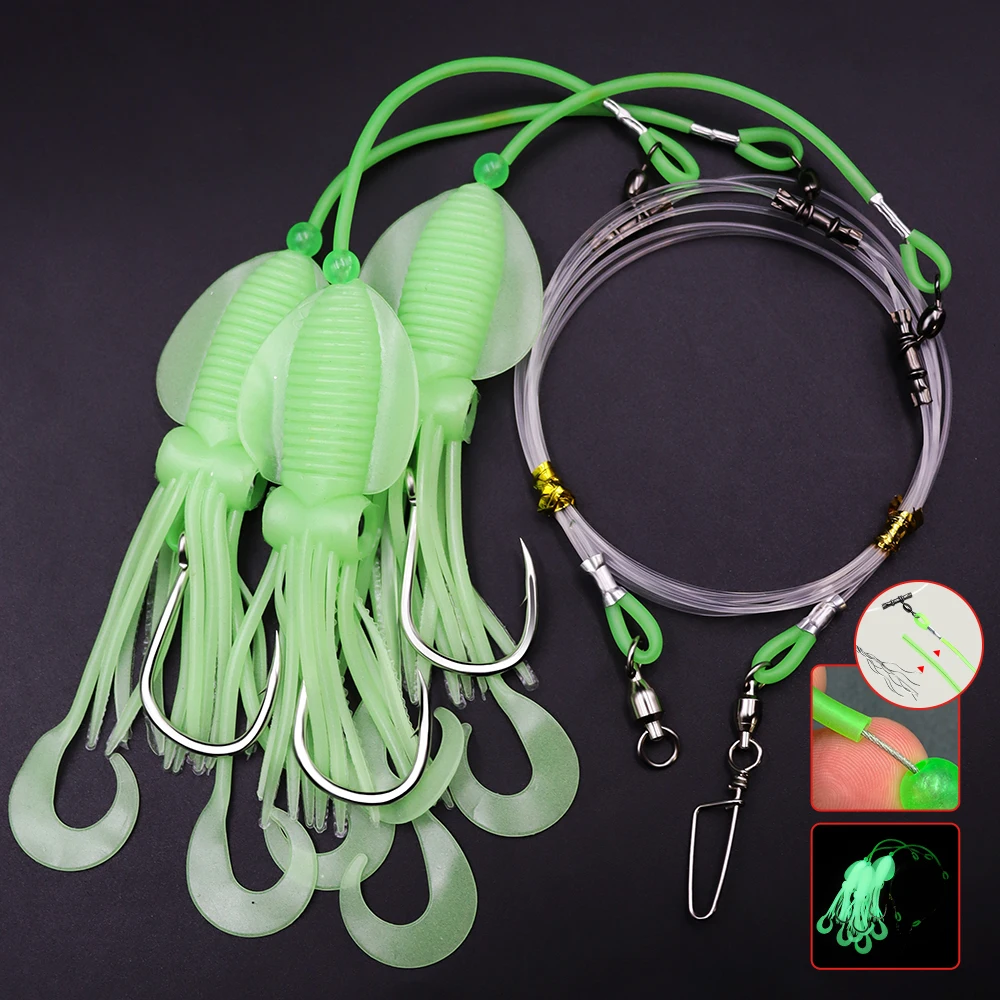 ZYZHE 1 Stück Tiefwasser-Rigs mit leuchtendem Tintenfischköder und hochfesten großen Fischhaken für Thunfisch, Marlin, Schwertfisch, Hoch- und Tiefwasser-Rigs – Detail 7
