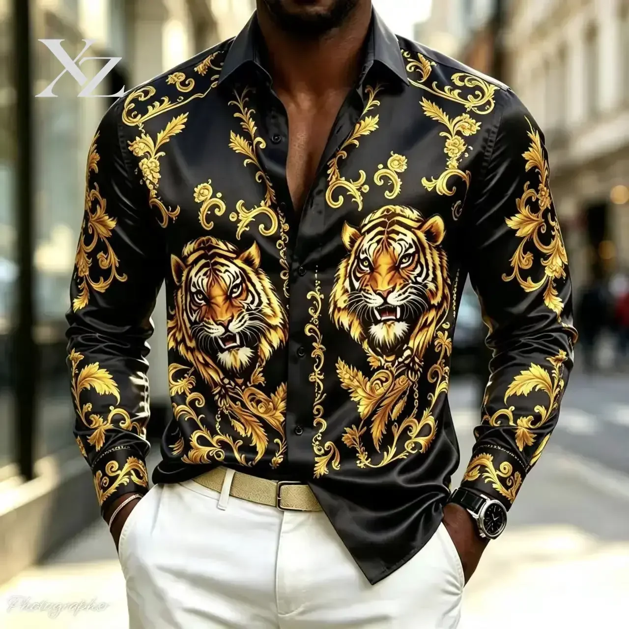 Premium Men's Long-Sleeved Satin Silk Shirt with Double Tiger Head Baroque Print Buckle Collar Luxury Party Top, XS-6XL Size