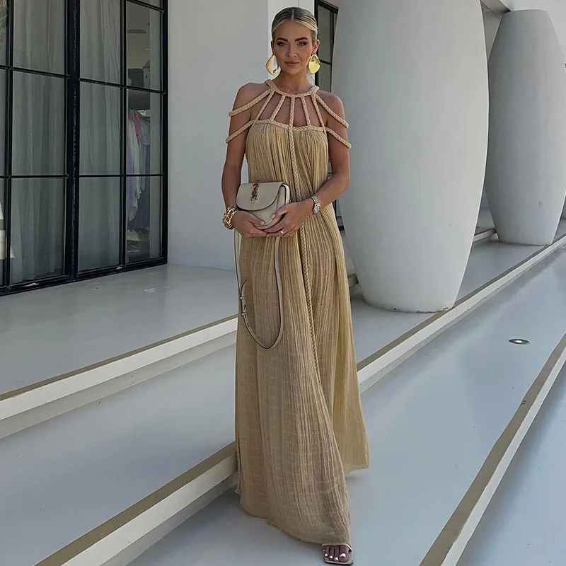 

2024 New Women's Long Dr Sexy Off-oulder Loose Beach Vaion Skirt Cross-Border Spring New Sle Rope Binding Ne Hanging