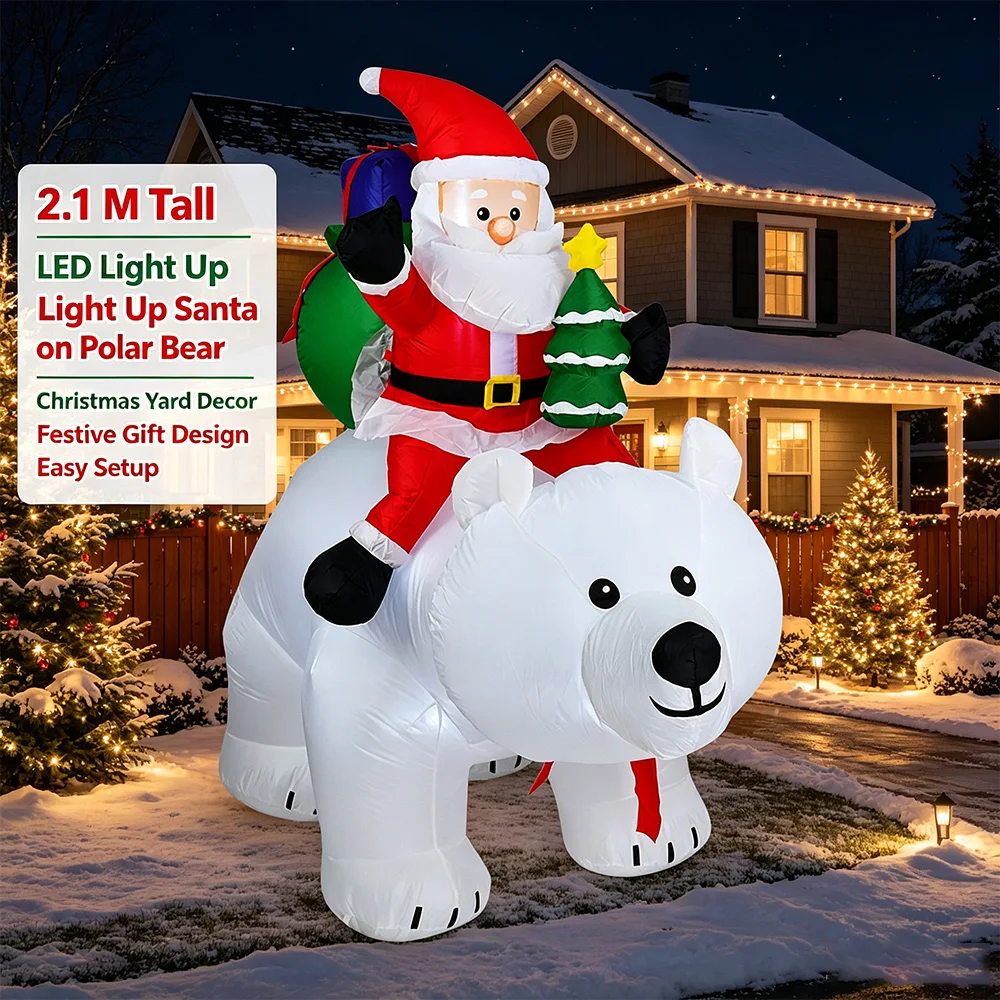 2.1M Animated Inflatable Christmas Santa Riding Polar Bear with Shaking Head, Blow Up Yard Decor with LED Lights