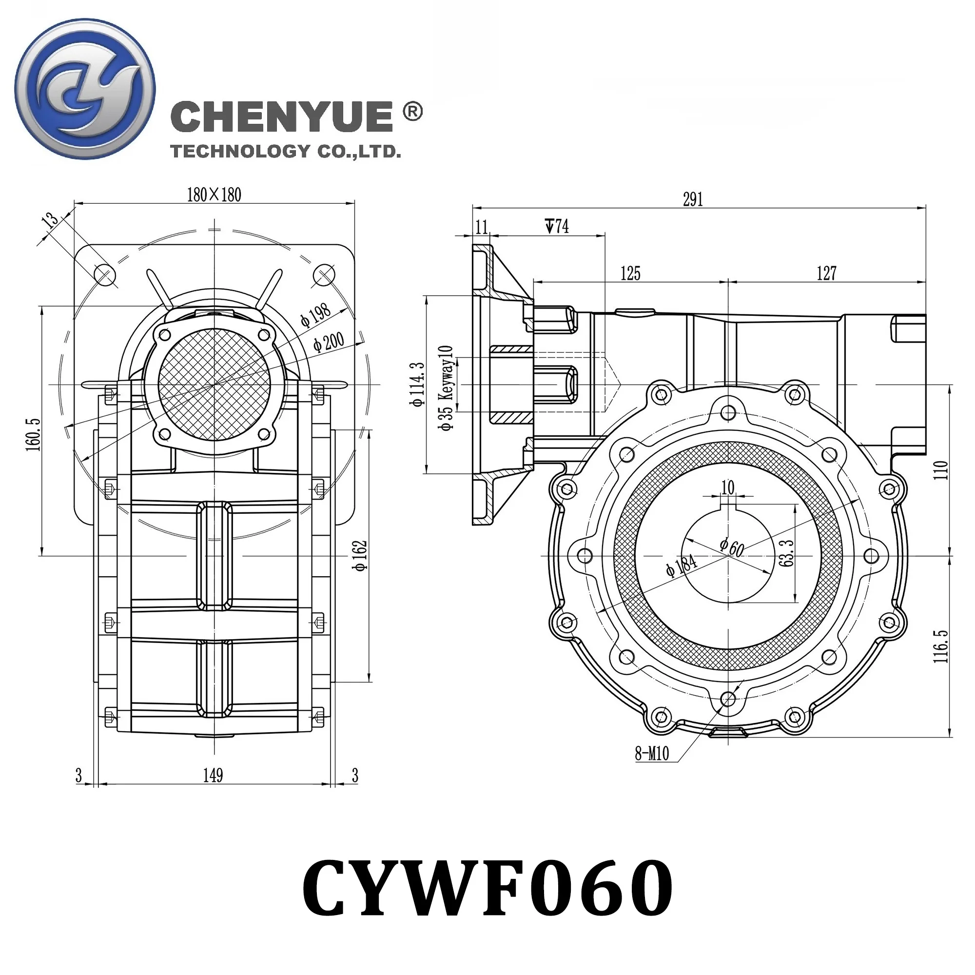 CHENYUE Large output Bore Worm Gearbox CYWF60 Input 35 Output 60 Ratio 5:1/100:1 Torque 200-647N.m Engine 7.5Kw Free Maintenance