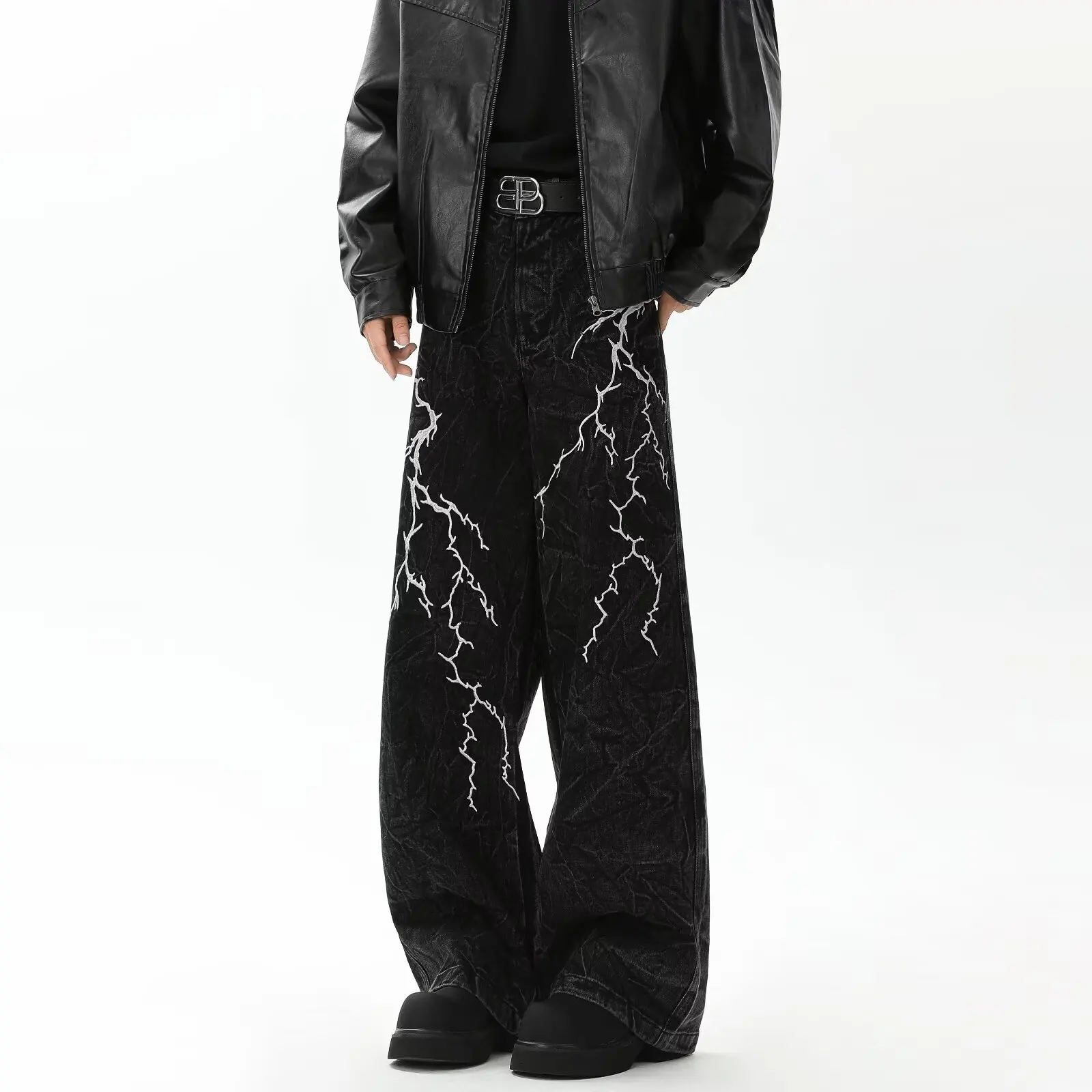 

Retro American Washed Lightning Embroidery Jeans Men Women High Street Hip Hop Loose Straight Casual Long Trousers