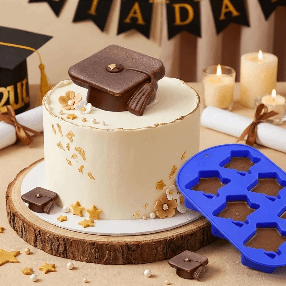 Molde de Silicona de 6 Cavidades para Hornear, Molde 3D Reutilizable con Forma de Birrete de Graduación, Antiadherente, Flexible, para Hacer Velas y Decoración