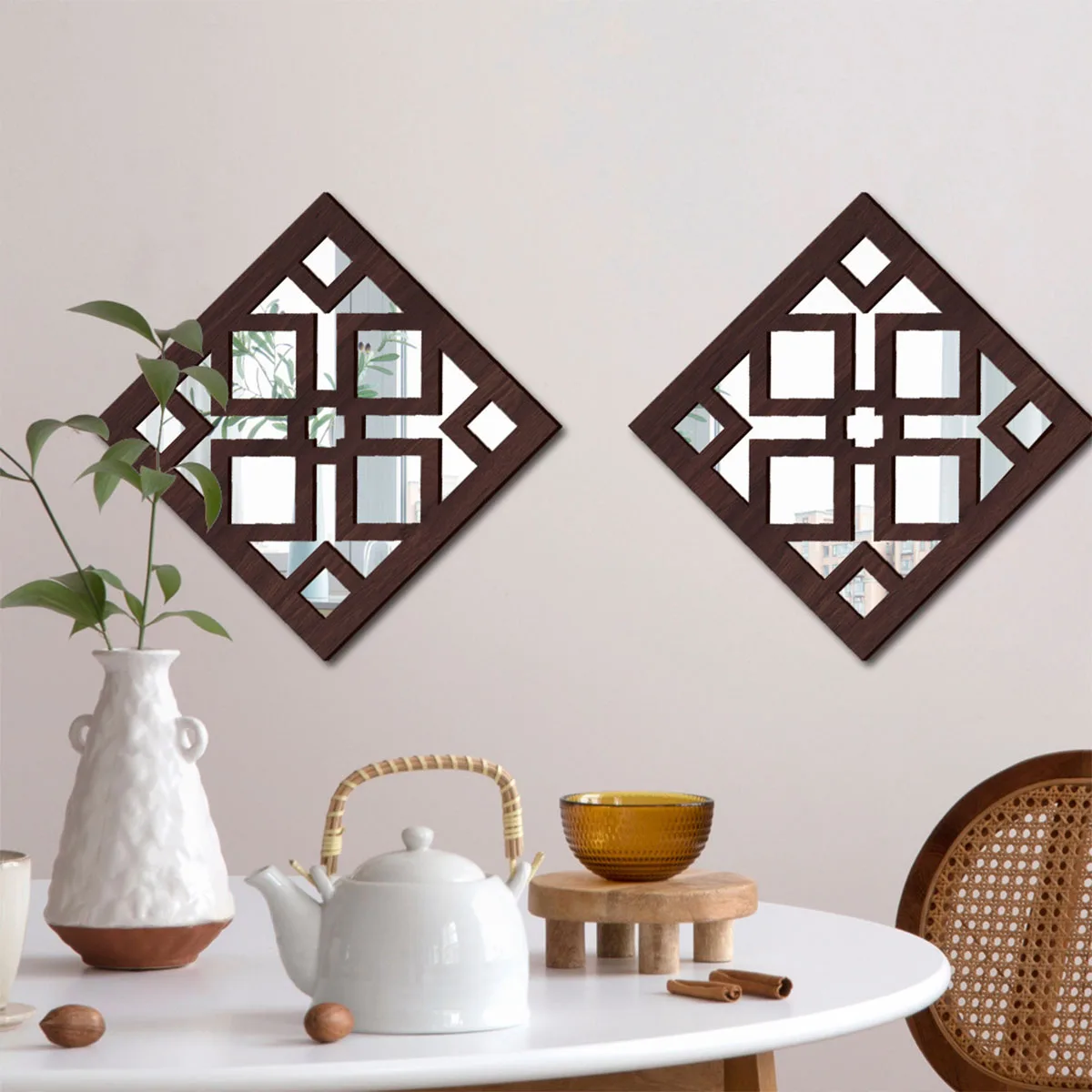 Rustic Window Frame Wall Decor Mirror Artwork, Wood Farmhouse Wall Decorative Mirror Living Room Bedroom Hallway Home Decoration