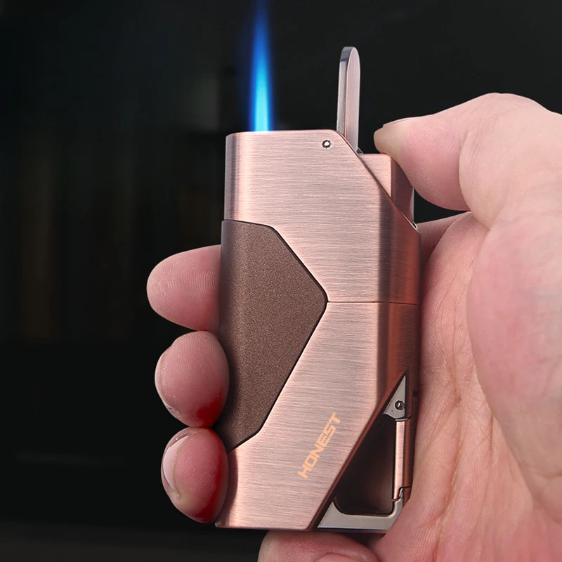 

HONEST Metal Keychain Press Ignition Windproof Jet Blue Flame Butane Gas Torch Lighter Outdoor Portable Cigar Lighters Smoking